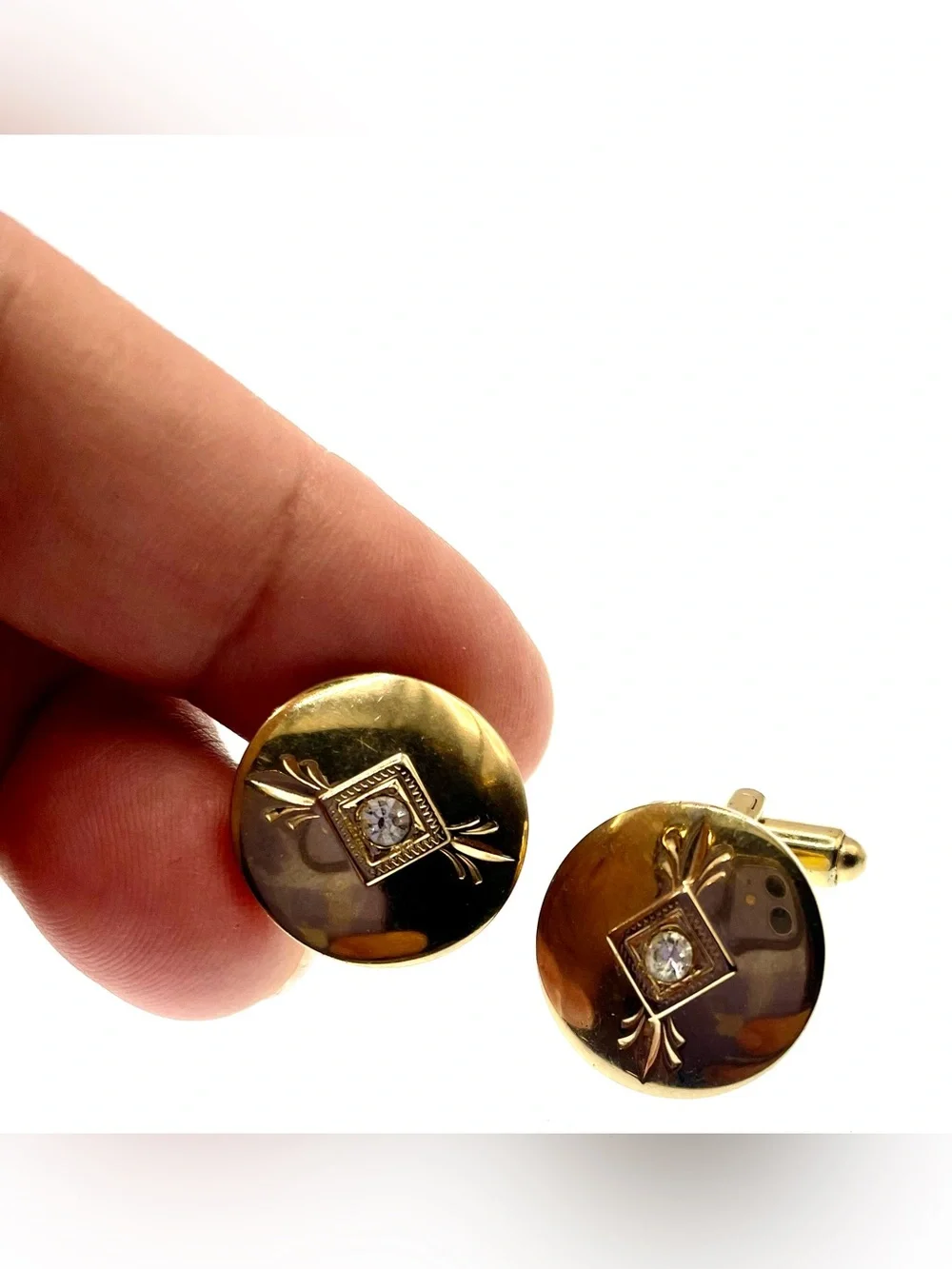 Vintage Mid Century Gold Tone Geometric Rhinestone Cufflinks 1960s Retro Style